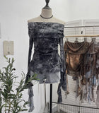 Real Shot Shoulder Strap Tie Dyed Net Shawl Shirt T-Shirt T-Shirt T-Shirt Design Folded Long-Sleeved T-Shirt