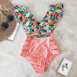 Ruffled Hem Bikini Set Women Flora V-Neck High-Waisted Two Piece Swimsuit 2021 Girl Beach Bathing Suit Swimwear