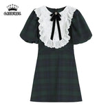 Plaid Dress Vintage Round Neck Bow-Knot Puff Short Sleeve Casual Fashion High Waist Baggy Short Skirt Ladies