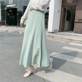 Women's Korean Style Office Lady Skirts Spring Fall Casual Solid High Waist A-Line Satin Femme