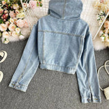 Zingj Celebrity Autumn New High Waist Short Hooded Denim Jacket Female Loose Show Thin Versatile Jacket Long Sleeve Jacket-Outfit