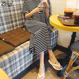 Women Short Sleeve Dress Striped Straight Slim Loose Wide Waist All-match 3XL Side-slit Daily Casual Korean Fashion Office
