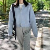 Zingj Short Round Collar Zipper Candy Color Knit Cardigan Female Autumn Winter New Show Thin Versatile Sweater Coat-Outfit