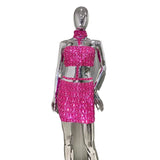 High Quality Fashion Hanging Neck Sexy Casual Diamond Embossed Top + Elegant Full Diamond-Mounted Half-Dress