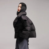 Niche Knit Splicing Large Lapel Down Jacket Female 2024 Winter Fashion High Luxury Large Magnetic Suction Button Thermal Coat-Outfit