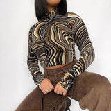 Paisley Print Vintage Long Sleeve Tee Shirt Women Casual Fashion Cropped Top Fashion Button Up T Shirt