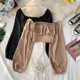 Autumn Women's Blouse French Retro Square Collar Solid Color Short Top New Navel Stretch Waist Thinning Shirts