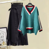 Zingj Women Winter Patchwork Long Sleeve Knitted Tops + Asymmetric Skirt 2 Piece Suit Female Party Elegant Two Piece Set 102-1-Outfit