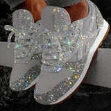 Women Casual Glitter Shoes Mesh Flat Shoes Ladies Sequin Vulcanized Shoes Lace Up Sneakers Outdoor Sport Running