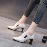 Zingj Heel Single Shoes Women's New High Heels British Wind Square Head Deep Mouth Small Leather Shoes Square Head Women's Shoes Black Low Top Shoes Women-Outfit