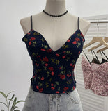 Real Shooting Hottie Deep V-Neck Broken Flower Short-Sized Hong Kong Wind Sling Female Wear With Chest Cushion Small Waistcoat Sleeveless Top