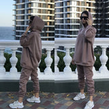 Women Tracksuits Autumn Winter Warm Thick Fleece Solid 2 Pieces Sets Female Casual Long Sleeve Hooded Sweatshirt