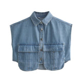Women's Dress 2025 Solid Color Big Pocket Sleeveless High-End Feel Cardigan Polo Collar Denim Shirt Top