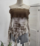 Real Shot Shoulder Cross Hanging Neck Knitting Mesh Yarn Coat Irregular Ribbon Horn Long-Sleeved T-Shirt