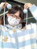 Japanese Kawaii Cartoon Dog Embroidery Knited Cardigan Women All Match Striped Sweater Jackets Hooded Coats