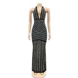 Sexy Black Halter Embelleshied Crystal Maxi Dress Women Backless See Through Bodycon Birthday Clubwear Church