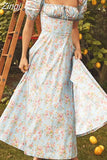 Floral Print Summer Dress Women Puff Sleeve Square Collar Elegant Split Sexy Cotton Long Party Dress Casual Boho Beach