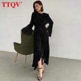 Elegant Green Pleated Dresses For Women 2022 Autumn O-neck Long Sleeve Midi Dresses Casual Loose High Waisted Female