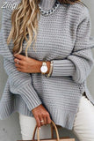 Winter Women Knitted Sweater Mock Neck Casual Loose Basic Pullovers Warm Elegant Solid Batwing Sleeve Side Split