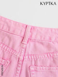 Women Fashion Side Pockets Frayed Hem Denim Shorts Vintage High Waist Zipper Fly Female Jeans