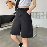 2021 New Summer Women High Waist Wide Leg Black Denim Shorts Casual Female Loose Straight Button Jeans Bermuda
