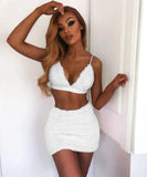2Pcs Women Suits Sexy Off Shoulder Deep V-neck Strap Tube Bra Crop Tops Fur High Waist Slim Mini Pencil Skirts
