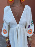 Flower Print Women's Lantern Sleeve Long Dress Sexy V Neck Backless Lace Up Loose Vestido 2024 Chic Lady Vacation