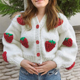 Cute Strawberry Loose V-neck Cardigan Sweater-Outfit