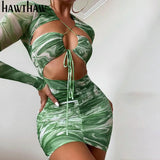 Women Sexy Autumn Long Sleeve Printed Mesh See Through Bodycon Party Green Mini Dress 2021 Fall Clothes Wholesale