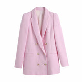 Tweed Pink Double Breasted Women Blazer Jacket Coat New Spring Autumn Office Lady Simple Chic Fashion Street