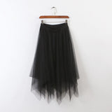 Long Asymmetric Tulle Skirt Women High Waist Pleated Tutu School Irregular Mesh Lace A Line Midi Skater Black