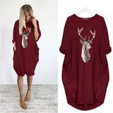 Sleeve T Shirt Christmas ELK Sequin Dress Oversized Long Tops Casual Loose Mini Dresses Streetwear Vestidos Wrap