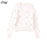 Women Fashion V Neck Geometric Hollow Out Crochet Short Knitting Sweater Female Chic Diamond Stitch Pullovers Tops
