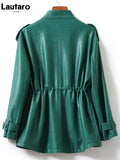 Spring Autumn Luxury Green Black Beige Leather Jacket Women with Drop Shoulder Long Sleeve Drawstring Pockets