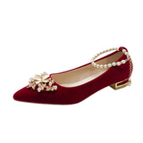 Shoes Bride Shoes Chinese Red Single Shoes Spring And Autumn New Rhinestone Bow A String Of Beads Buckle Thick Heel High-Heeled