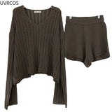 2 Piece Sets Women Outfits Long Sleeve Pullover Women 's Tops High Waist Casual Shorts Elegant Lady Office Suit Knit