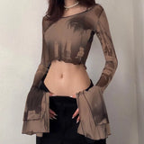 Summer New 2024 Mesh Printing Round Collar Horn Long Sleeve Perspective Exposed Umbilical Casual Women's