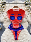 Women Fashion Print Suits O Neck Short Sleeves Slim Bodysuits+Bodycon Mini Skirt Streetwear Y2K Retro Two Pieces