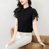 New Summer Of 2025 Loose Show Thin Short Sleeve Lotus Leaf Sleeve Jacket Thin Design Sense Minority Chiffon Shirt