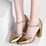 SGESVIER Patent Leather Women Pumps Spring Shoes T-strap Pointed Wedding Pumps Sexy Cut Outs Thick Heel Dress Party Shoes