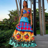 Summer Colorful Print Dress Two Piece Set Sleeveless Sexy Deep V Top High Waist Hollow Dress Suit Beach Vacation Female