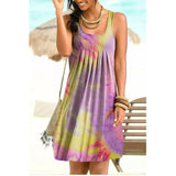 New Fashion O Neck Women's Mini Dress 2021 Casual Loose Tie Dye Print Sleeveless Folds Ladies Vest Beach Dress Plus