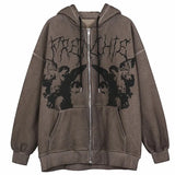 Angel Print Oversized Hoodies Female Zip Up Long Sleeve Women's Sweatshirt Y2K Aesthetic Autumn Winter Grunge