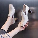 Zingj Heel Single Shoes Women's New High Heels British Wind Square Head Deep Mouth Small Leather Shoes Square Head Women's Shoes Black Low Top Shoes Women-Outfit