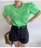 Cotton Open Back Short Sleeve Tees Summer Puff Sleeve Top Green White Black T Shirt Women Designer