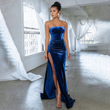 Black Blue Strapless Floor-length High Split Evening Dress Women 2022 New Spring Backless Long Maxi Formal Party