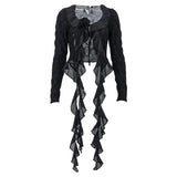 Zingj Women Ins French Sexy Hot Girl U Collar Mesh Gauze Flower Decoration Crop Ribbon Cardigan Long Sleeve Top Female- Outfit