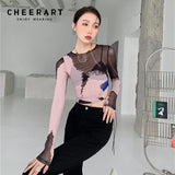 Palette Mesh Crop Top T Shirt Women See Through Drawstring Cut Out Long Sleeve Designer Top High Fashionn