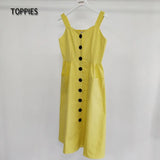 Summer 97%Cotton Camisole Dress Beach Midi Dresses with Pockets Front Button Sundress Stretch