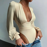 Black Deep V Neck Bodysuit Women Sexy Puff Sleeve Bodycon Jumpsuit Solid Elastic Casual Party Summer Bodysuits Body